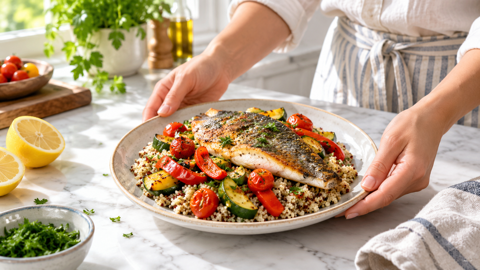 Whole Food Clean Eating Meal Ideas: Pan-Seared Sea Bass & Quinoa
