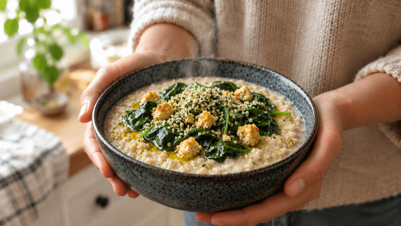 High-Protein Savory Oatmeal with Spinach & Hemp Hearts (Ready in 15 Minutes)