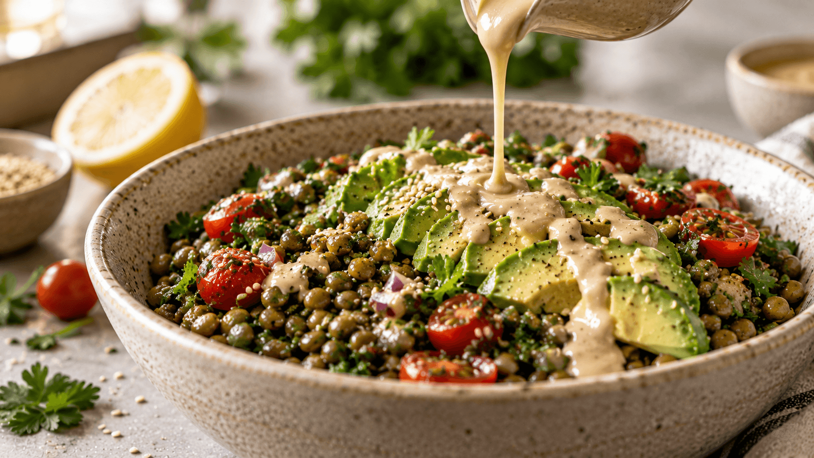 Lentil and Avocado Salad with Tahini Dressing: A High Protein Plant Based Meal in 35 Minutes