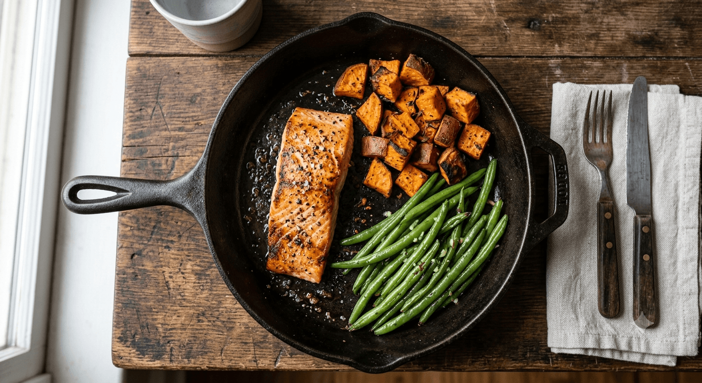 One-Pan Salmon with Roasted Sweet Potato & Green Beans