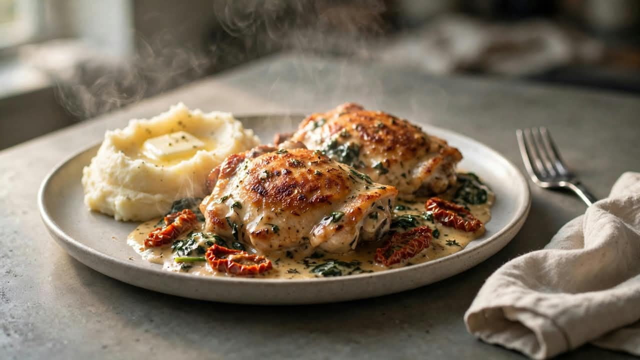 Creamy Tuscan Chicken Thighs with Creamy Mashed Potatoes