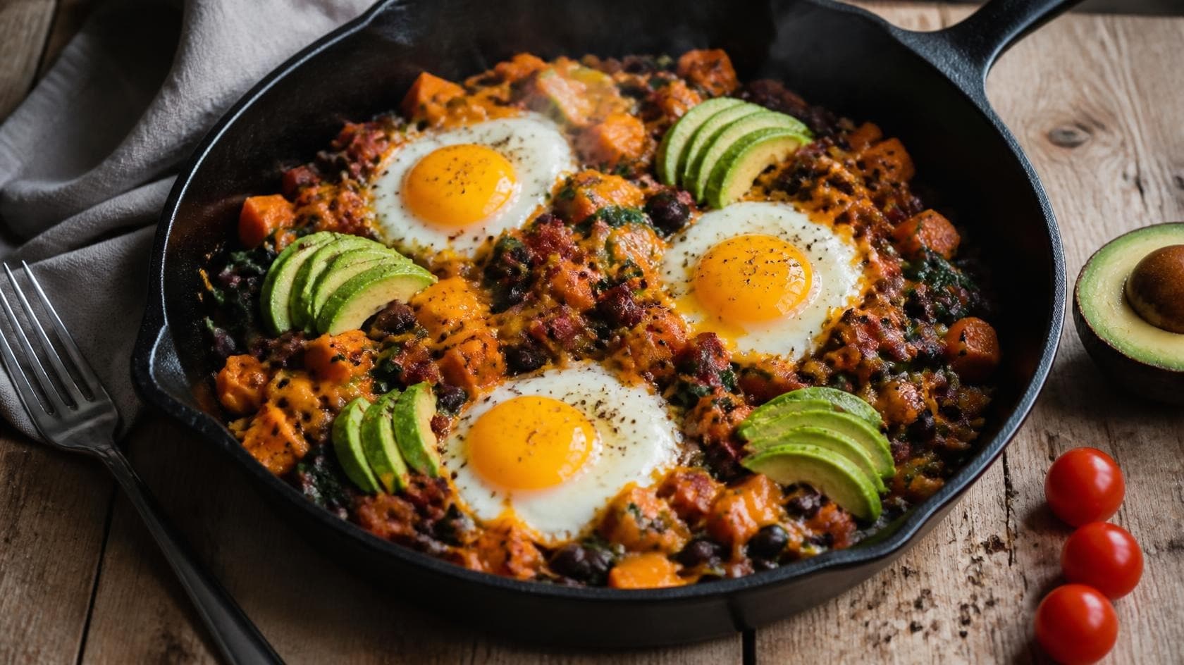 Loaded Avocado and Turkey Bacon Breakfast Skillet