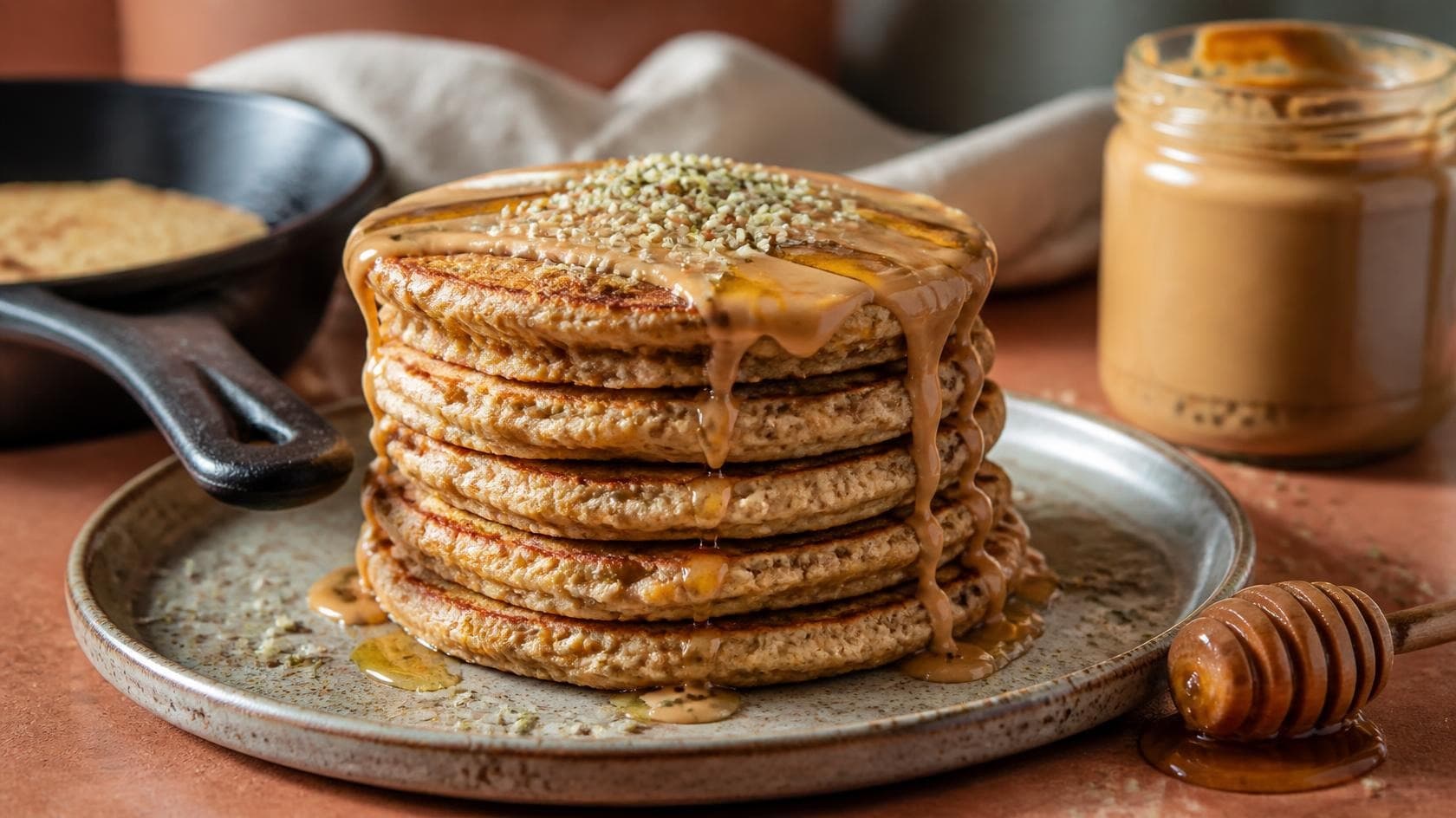 Peanut Butter Honey Protein Pancakes with Hemp Seeds