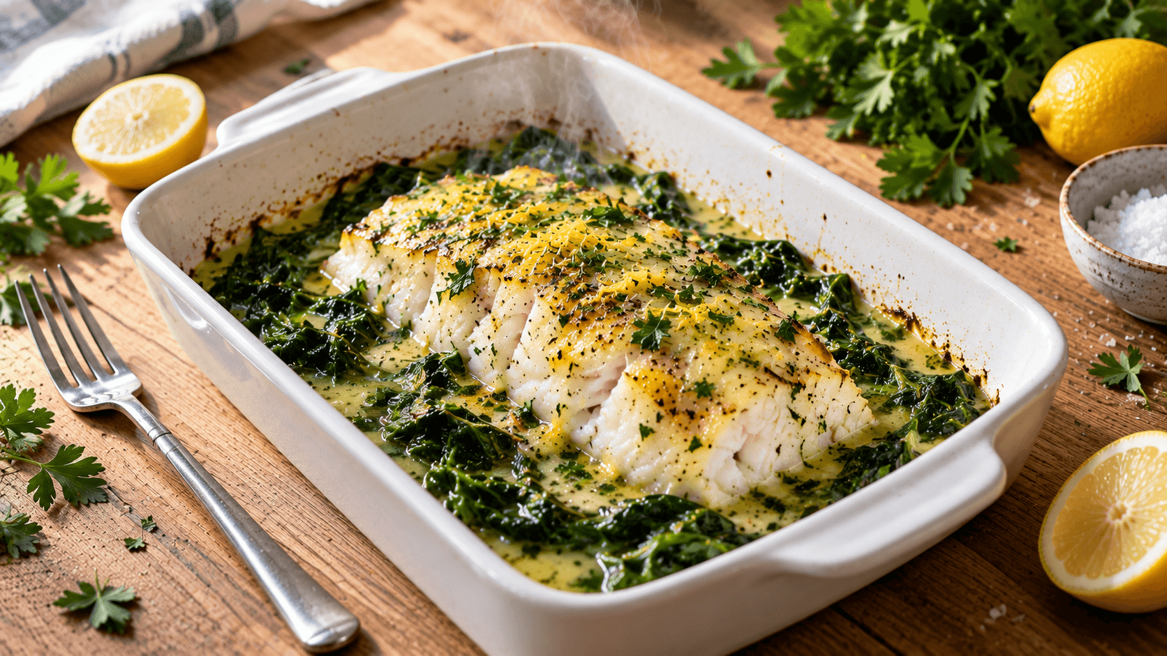 Baked Cod with Lemon Herb Butter and Spinach