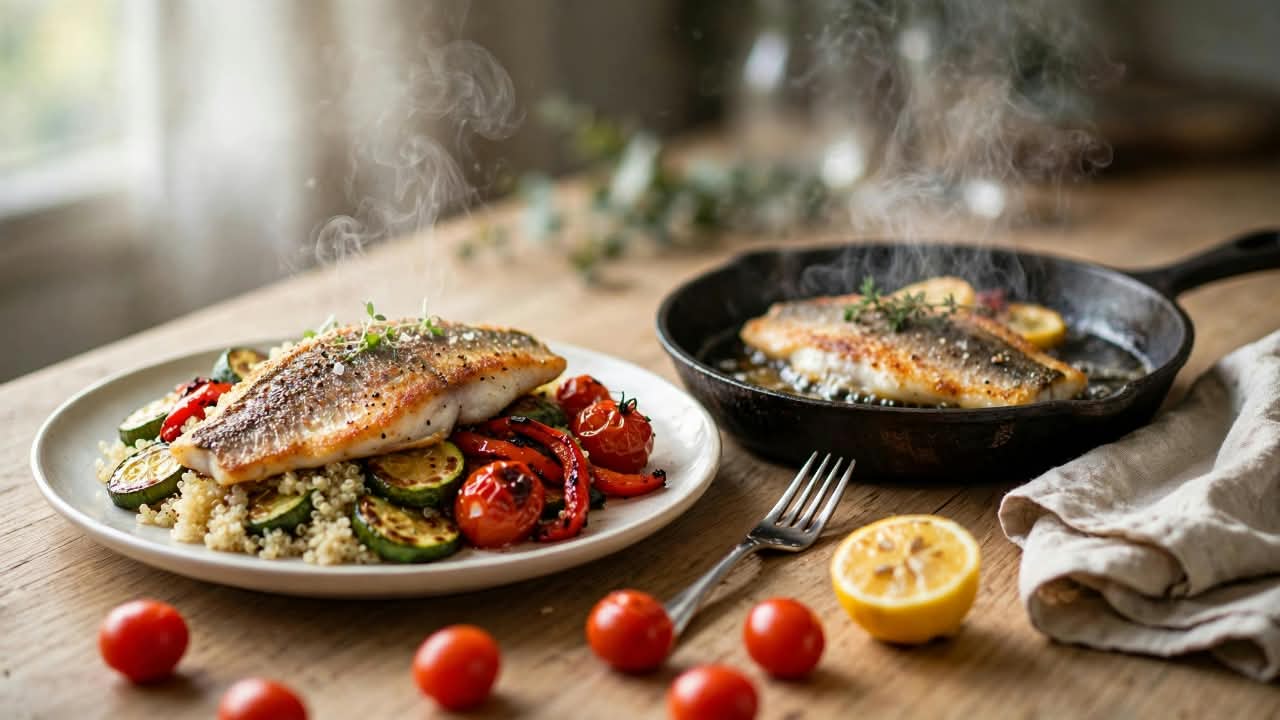 Pan-Seared Sea Bass with Quinoa and Roasted Veggies