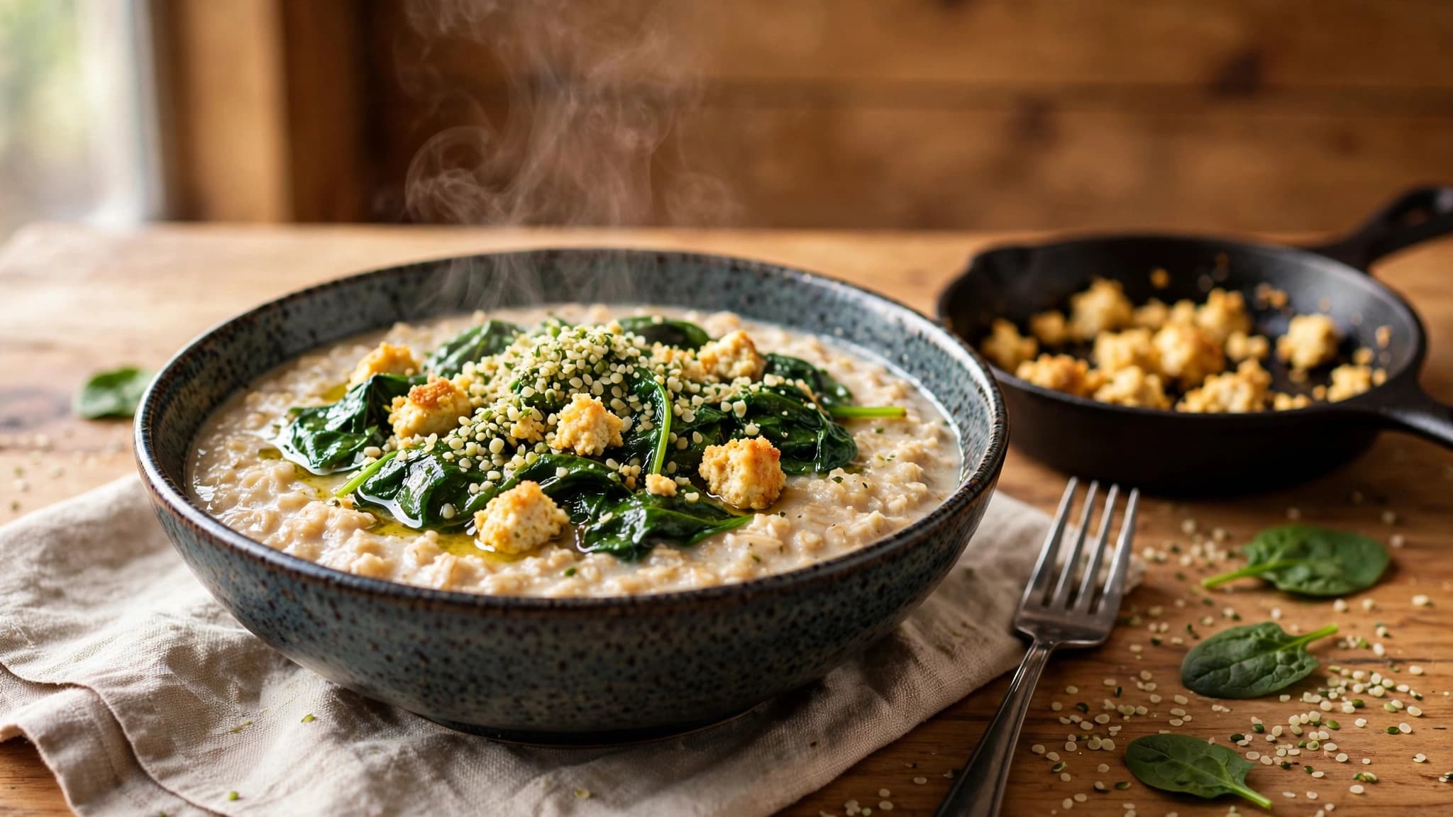 Savory Oatmeal with Spinach, Tofu and Hemp Hearts