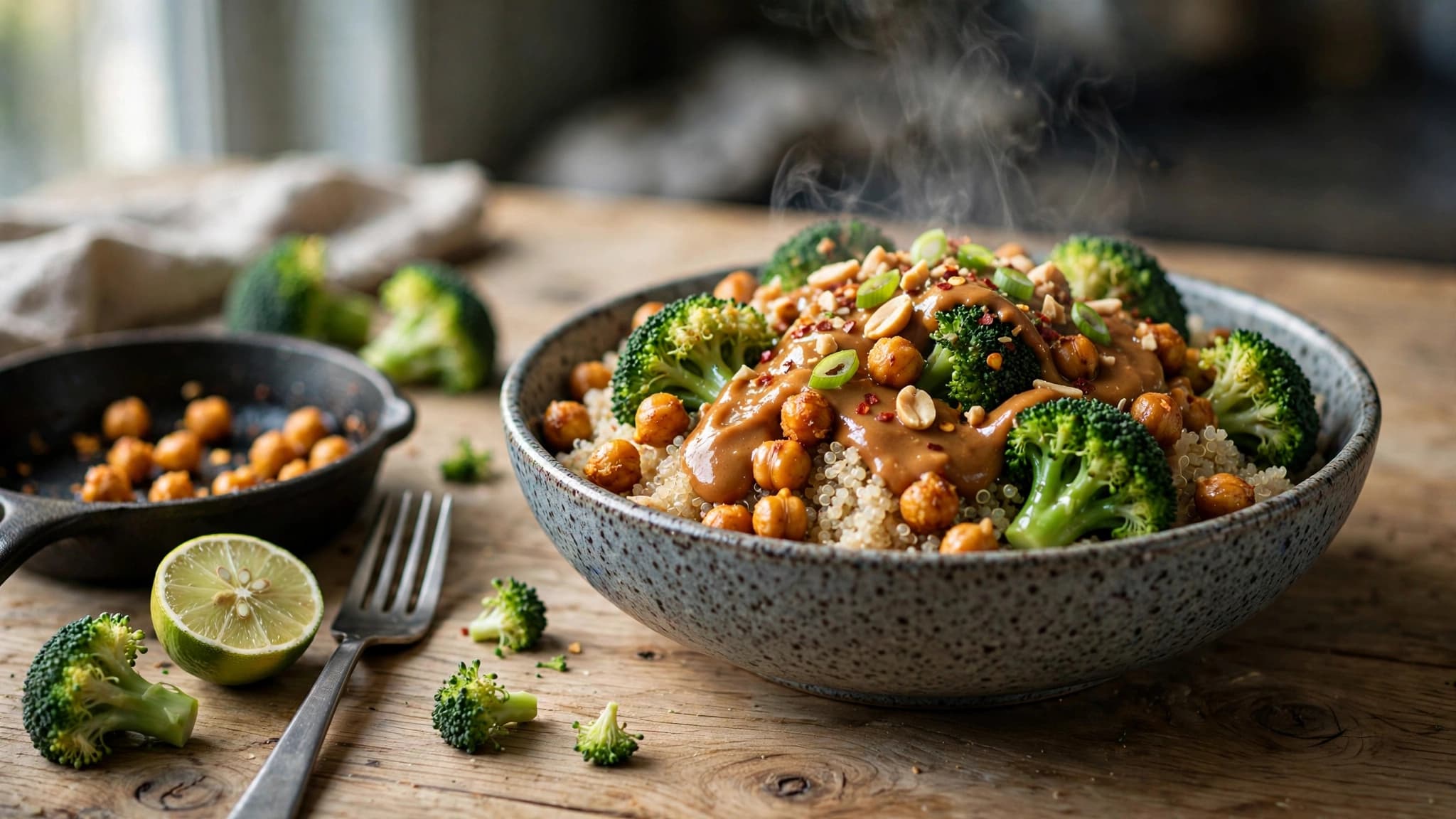 Spicy Peanut Chickpea Bowl with Steamed Broccoli
