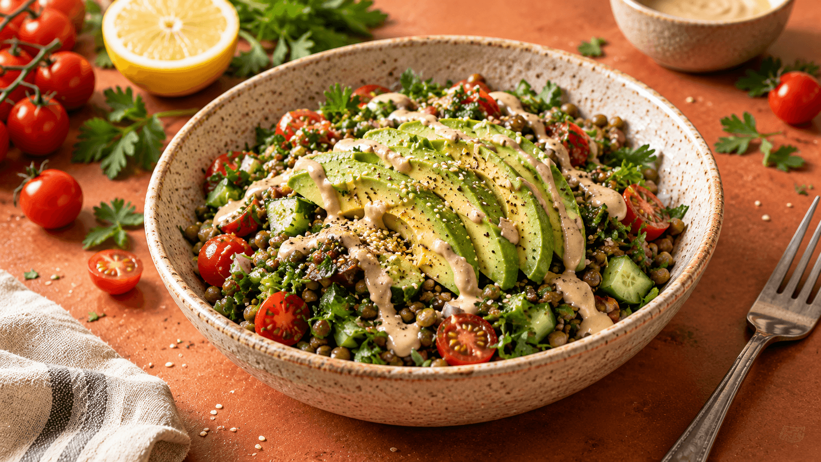 Lentil and Avocado Salad with Tahini Dressing